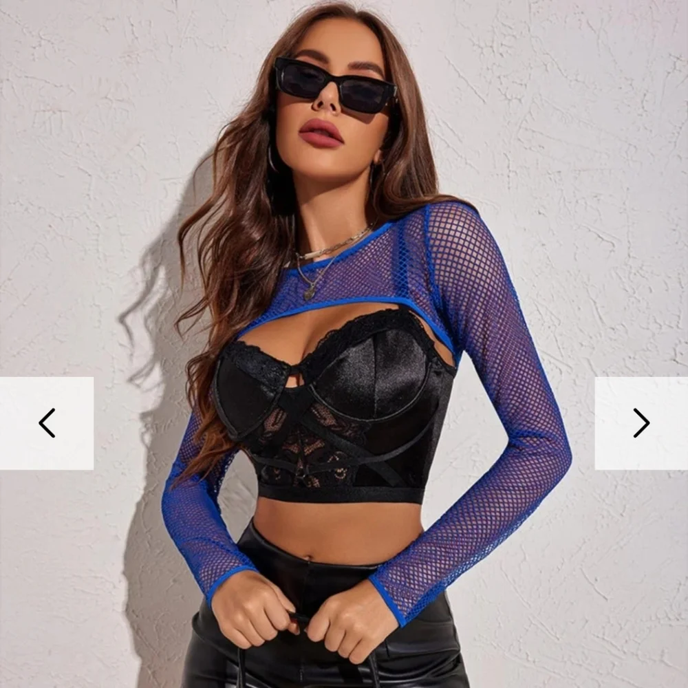 Avidlove Women Fishnet Long Sleeve Crop See Through Shirt Sheer Top Without BRA - Picture 1 of 4